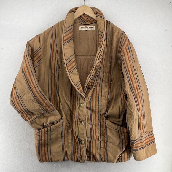 Free People Jackets & Blazers - FREE PEOPLE Jacket M Astrid Quilted Insulated Oversized Striped Cotton Brown